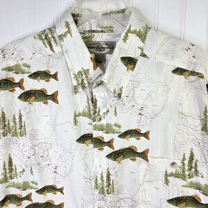 Hook & Tackle Fishing Shirt Mens XL White Green Bass Map Cotton Outdoor Camp